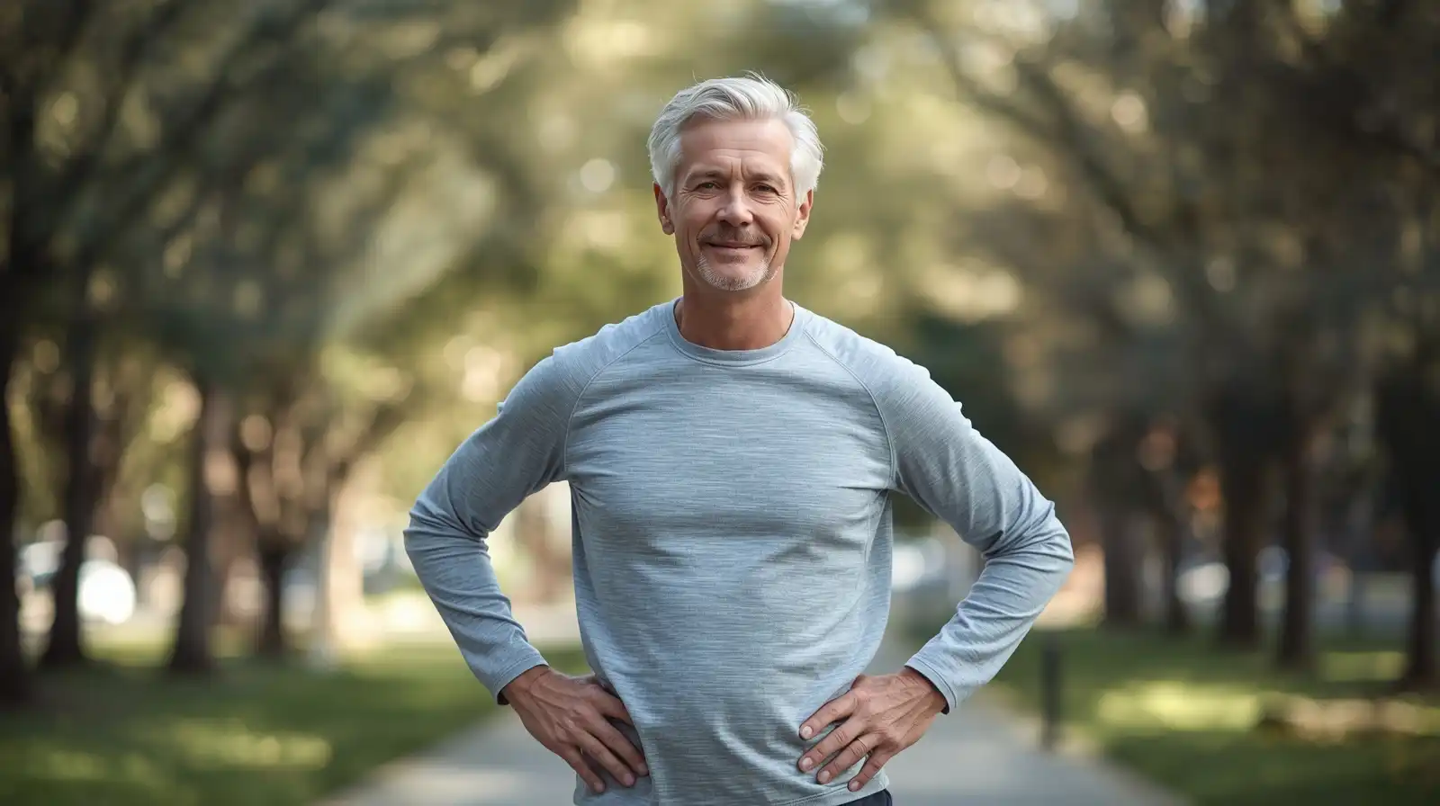 Middle-aged adult standing confidently outdoors in natural daylight.