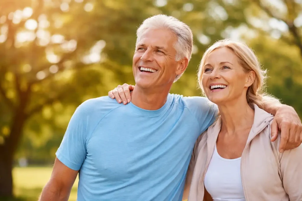 Active Middle-Aged Couple Walking Outdoors In A Sunny Park Setting.