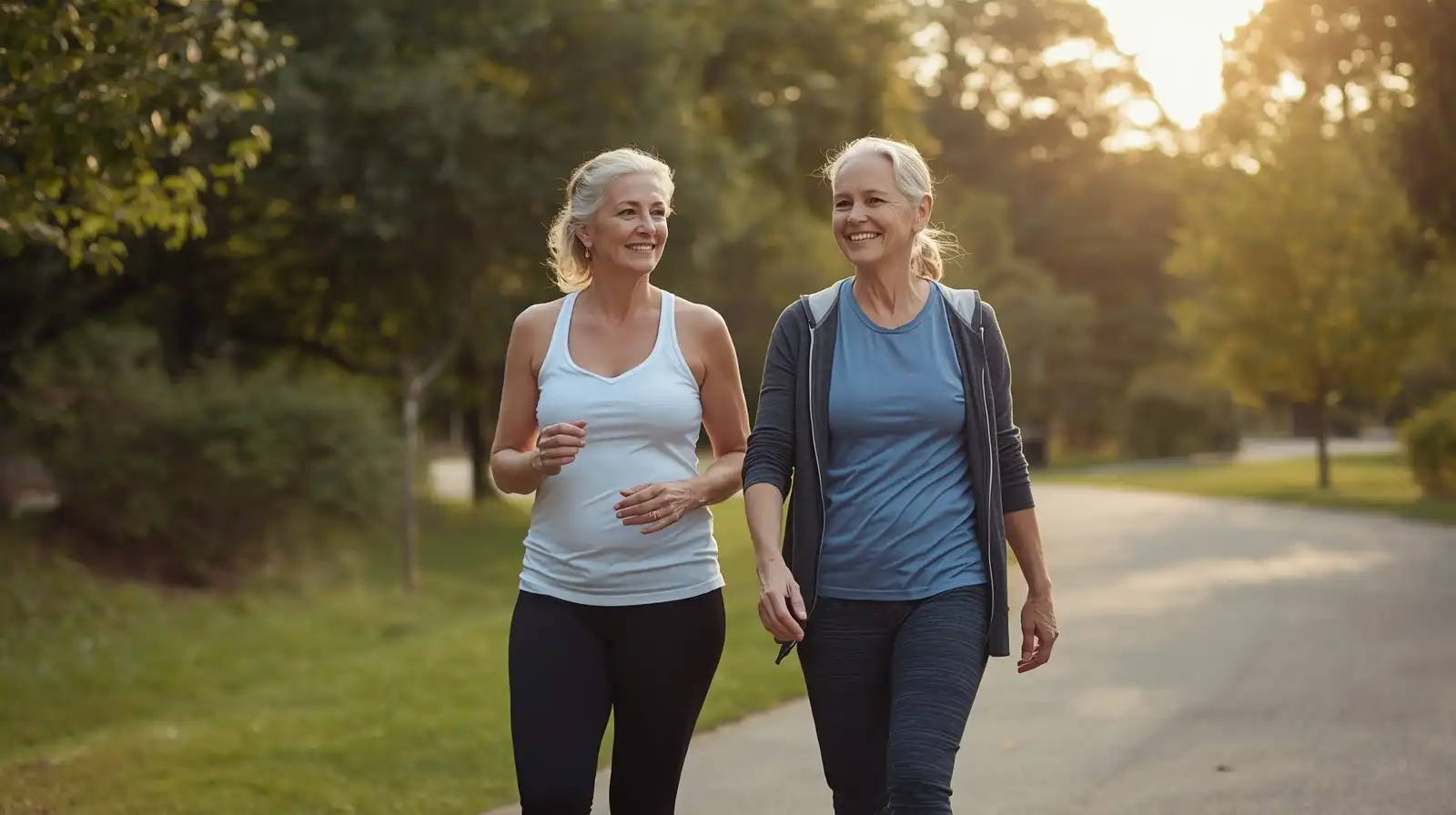 Active Middle-Aged Adults Walking Outdoors In A Natural Setting.