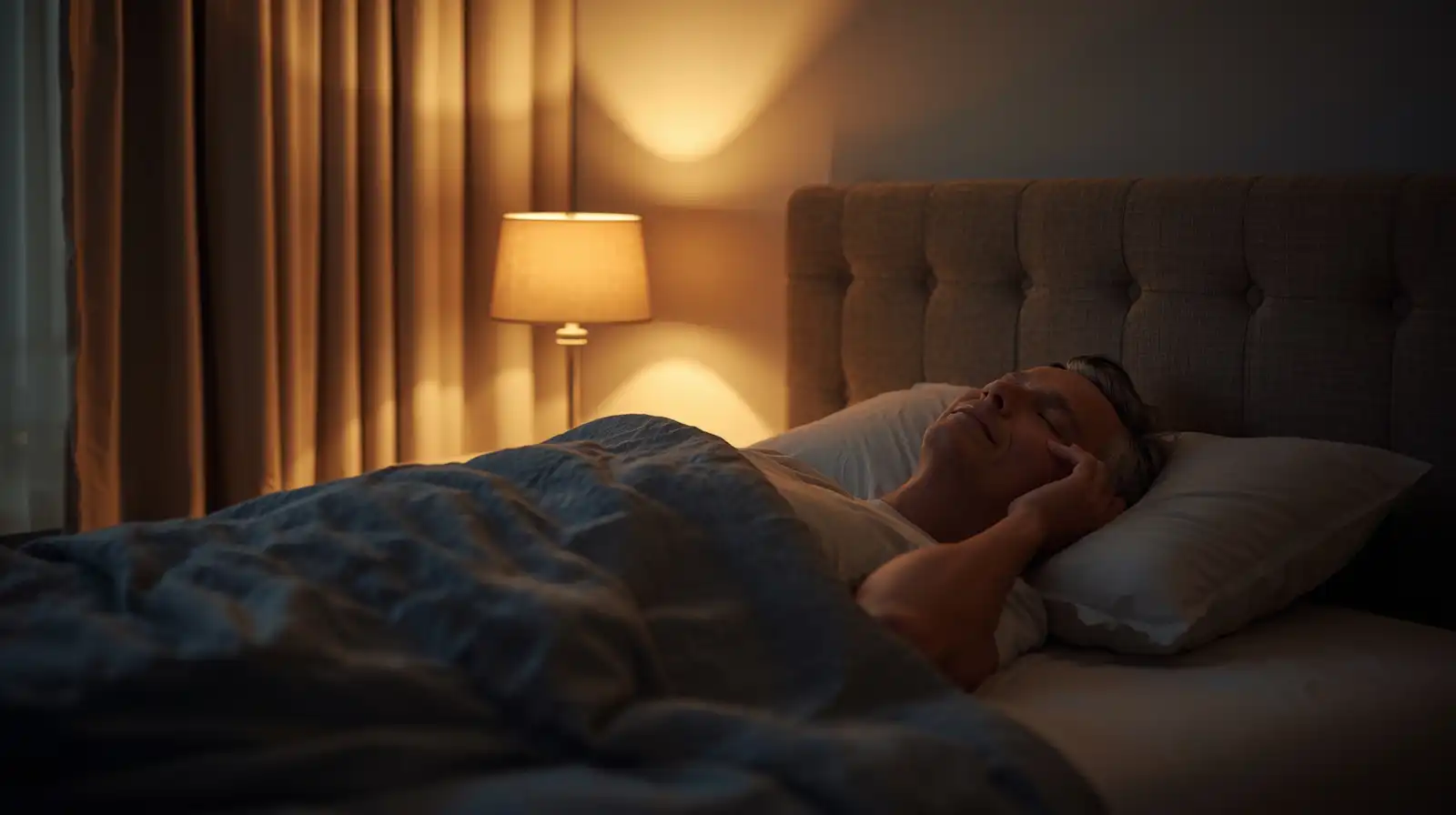 Middle-aged adult sleeping peacefully in a calm bedroom environment at night.