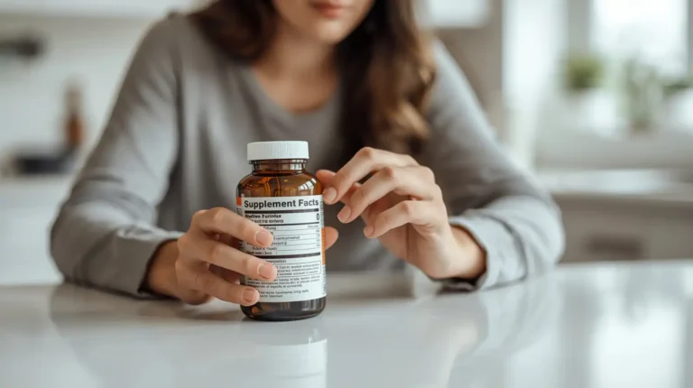 Person reading a supplement label carefully in a bright kitchen setting.