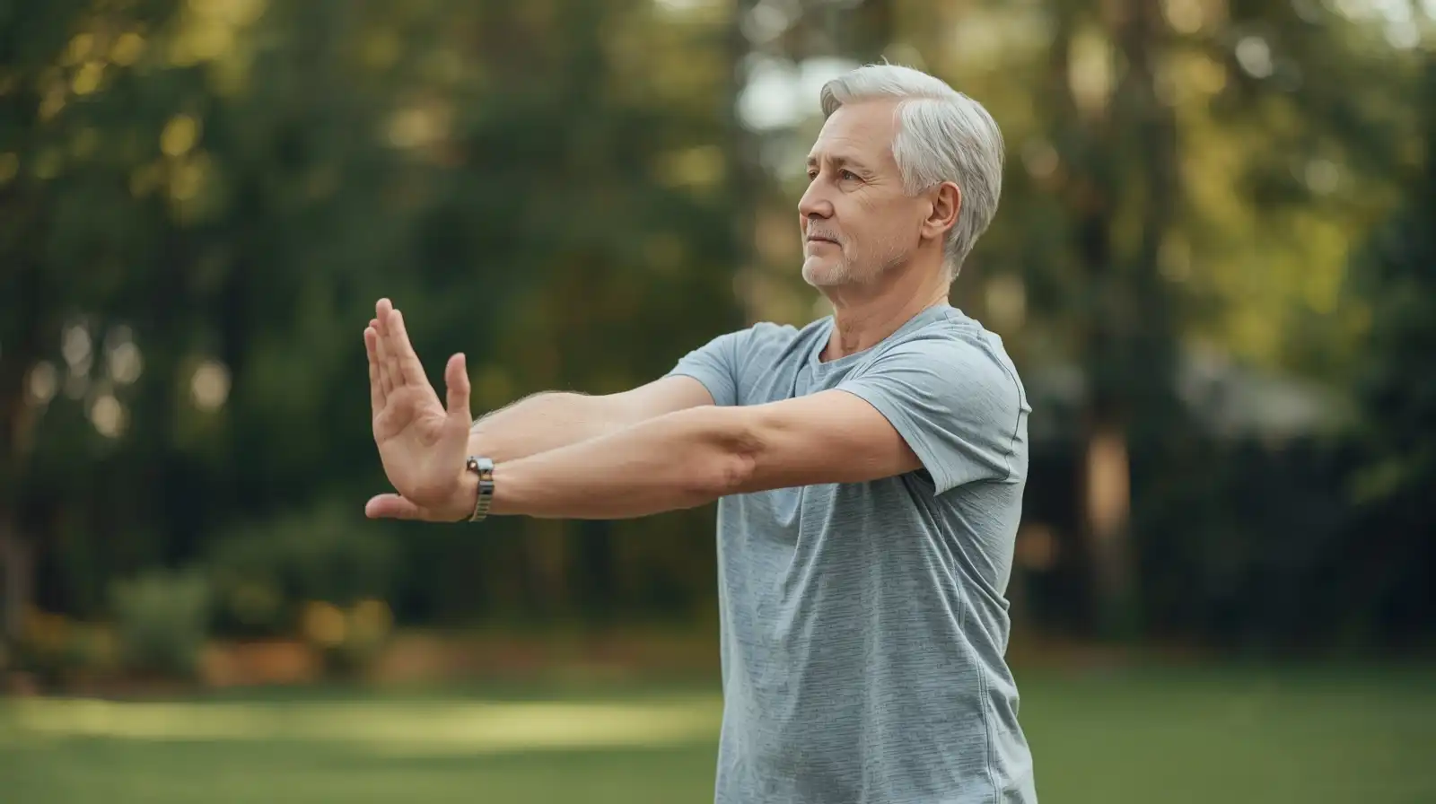Middle-Aged Adult Stretching Outdoors In A Natural Setting.